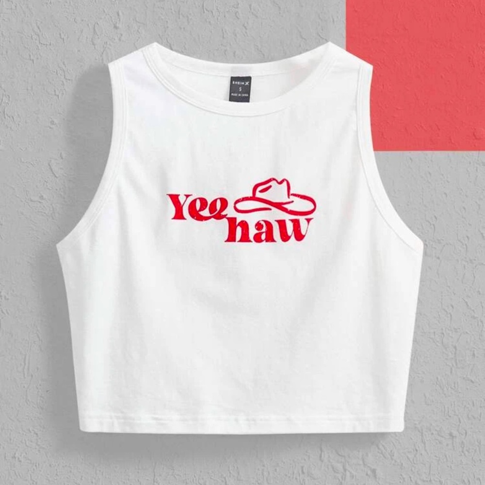 White crop top country Yeehaw SHEIN tank top with cowboy hat size large NWT